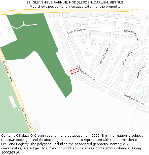 33, GLENSHIELS AVENUE, HODDLESDEN, DARWEN, BB3 3LS: Location map and indicative extent of plot
