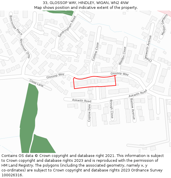 33, GLOSSOP WAY, HINDLEY, WIGAN, WN2 4NW: Location map and indicative extent of plot