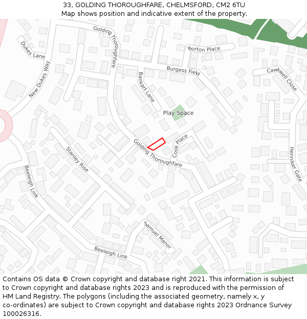 33, GOLDING THOROUGHFARE, CHELMSFORD, CM2 6TU: Location map and indicative extent of plot