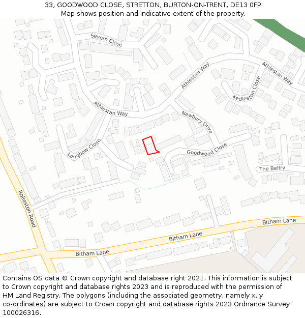 33, GOODWOOD CLOSE, STRETTON, BURTON-ON-TRENT, DE13 0FP: Location map and indicative extent of plot
