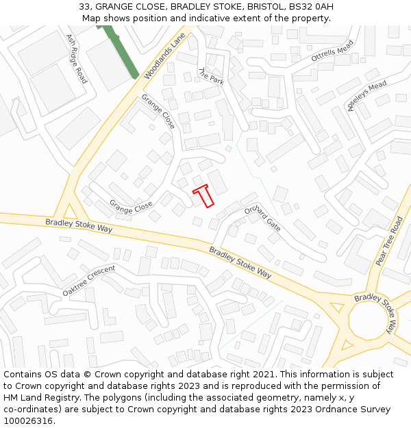 33, GRANGE CLOSE, BRADLEY STOKE, BRISTOL, BS32 0AH: Location map and indicative extent of plot