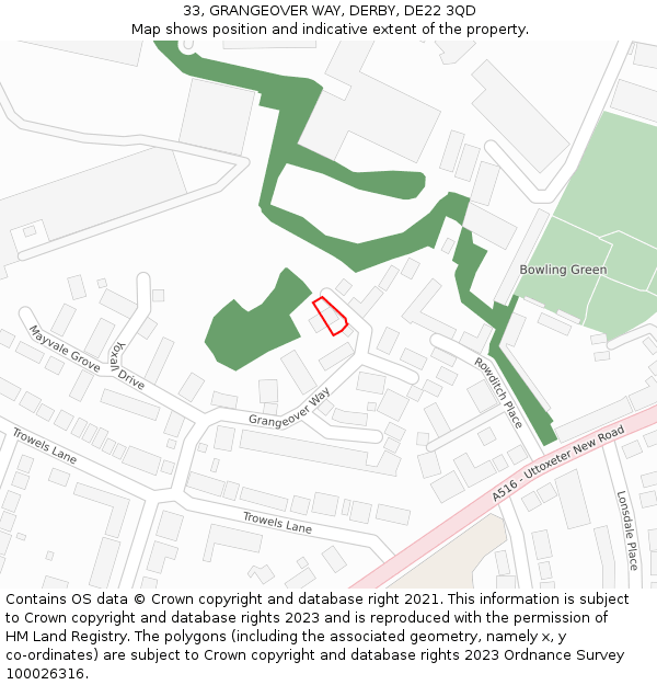 33, GRANGEOVER WAY, DERBY, DE22 3QD: Location map and indicative extent of plot