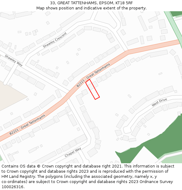 33, GREAT TATTENHAMS, EPSOM, KT18 5RF: Location map and indicative extent of plot