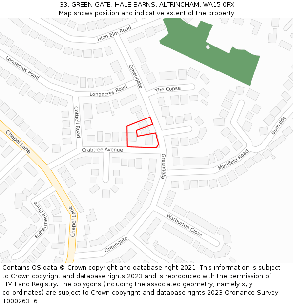 33, GREEN GATE, HALE BARNS, ALTRINCHAM, WA15 0RX: Location map and indicative extent of plot