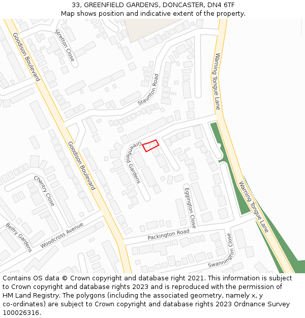 33, GREENFIELD GARDENS, DONCASTER, DN4 6TF: Location map and indicative extent of plot