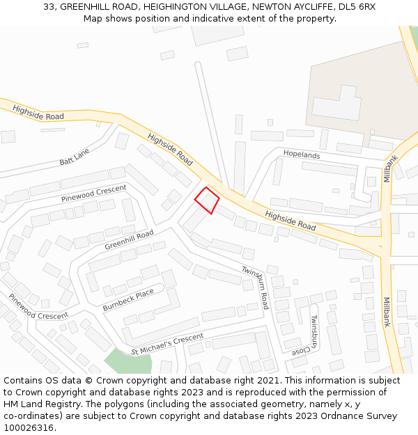 33, GREENHILL ROAD, HEIGHINGTON VILLAGE, NEWTON AYCLIFFE, DL5 6RX: Location map and indicative extent of plot