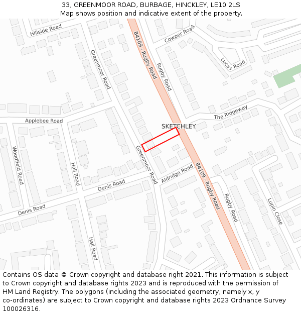 33, GREENMOOR ROAD, BURBAGE, HINCKLEY, LE10 2LS: Location map and indicative extent of plot