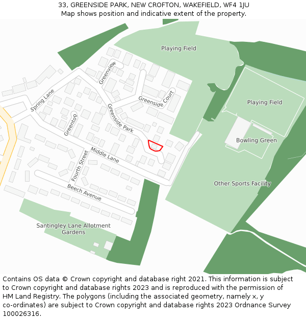 33, GREENSIDE PARK, NEW CROFTON, WAKEFIELD, WF4 1JU: Location map and indicative extent of plot