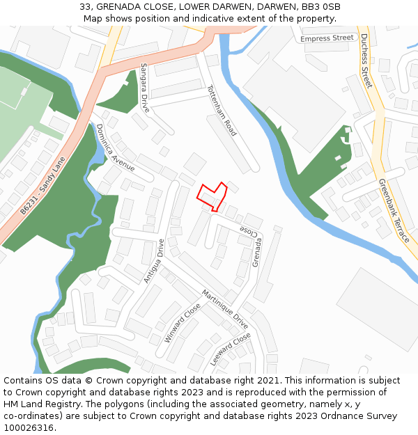 33, GRENADA CLOSE, LOWER DARWEN, DARWEN, BB3 0SB: Location map and indicative extent of plot