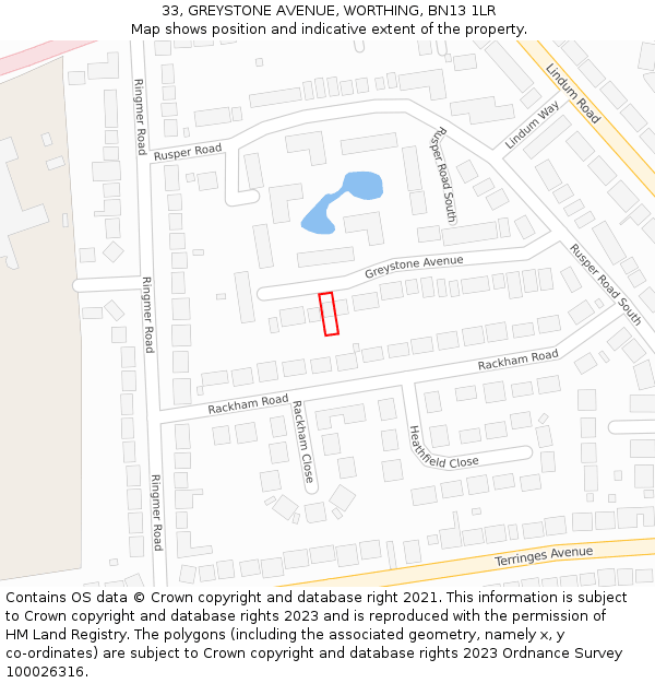 33, GREYSTONE AVENUE, WORTHING, BN13 1LR: Location map and indicative extent of plot