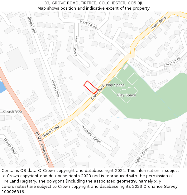 33, GROVE ROAD, TIPTREE, COLCHESTER, CO5 0JL: Location map and indicative extent of plot