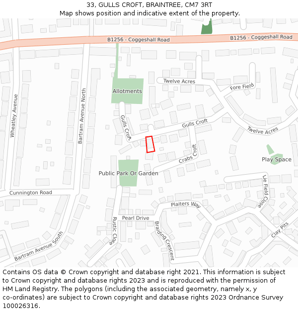 33, GULLS CROFT, BRAINTREE, CM7 3RT: Location map and indicative extent of plot