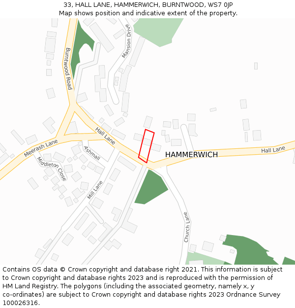 33, HALL LANE, HAMMERWICH, BURNTWOOD, WS7 0JP: Location map and indicative extent of plot