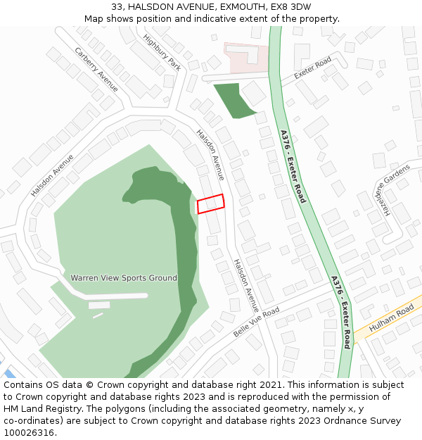 33, HALSDON AVENUE, EXMOUTH, EX8 3DW: Location map and indicative extent of plot