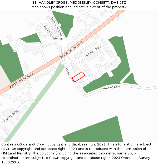 33, HANDLEY CROSS, MEDOMSLEY, CONSETT, DH8 6TZ: Location map and indicative extent of plot