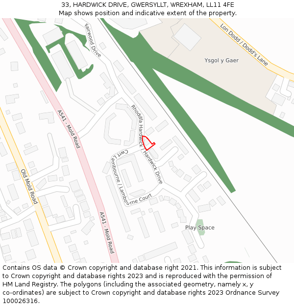 33, HARDWICK DRIVE, GWERSYLLT, WREXHAM, LL11 4FE: Location map and indicative extent of plot