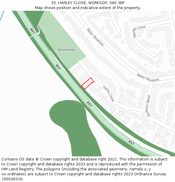 33, HARLEY CLOSE, WORKSOP, S80 3BF: Location map and indicative extent of plot