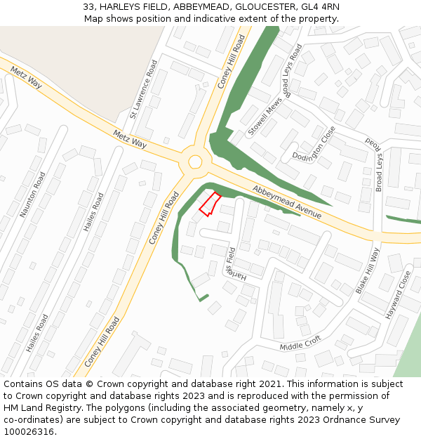 33, HARLEYS FIELD, ABBEYMEAD, GLOUCESTER, GL4 4RN: Location map and indicative extent of plot