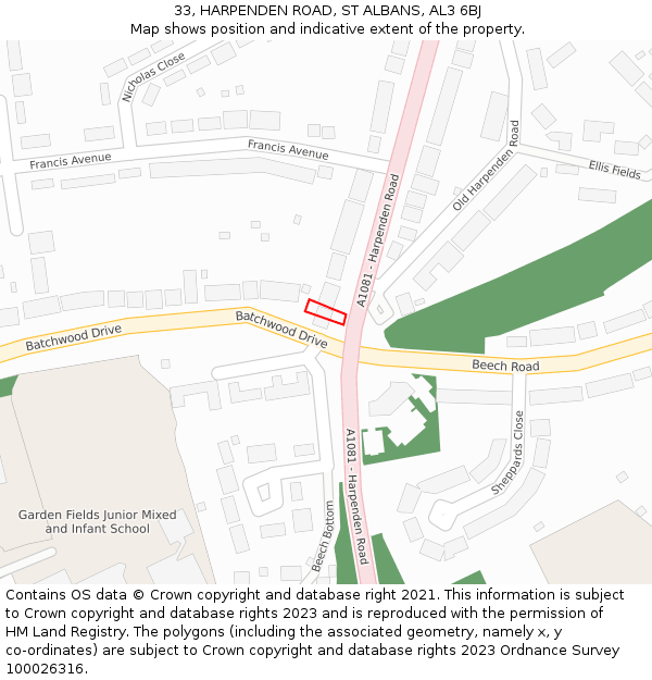 33, HARPENDEN ROAD, ST ALBANS, AL3 6BJ: Location map and indicative extent of plot