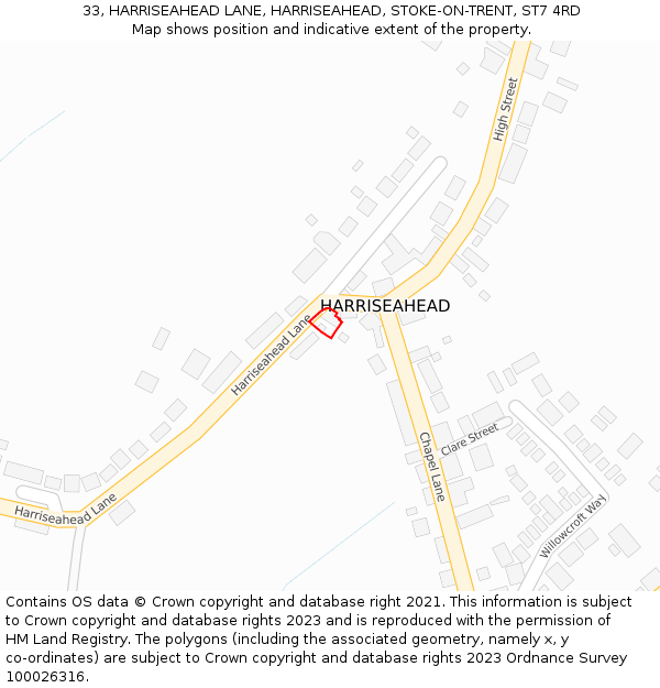 33, HARRISEAHEAD LANE, HARRISEAHEAD, STOKE-ON-TRENT, ST7 4RD: Location map and indicative extent of plot