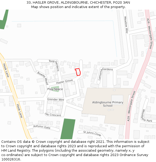 33, HASLER GROVE, ALDINGBOURNE, CHICHESTER, PO20 3AN: Location map and indicative extent of plot