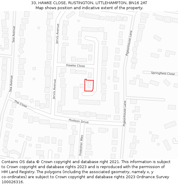 33, HAWKE CLOSE, RUSTINGTON, LITTLEHAMPTON, BN16 2AT: Location map and indicative extent of plot