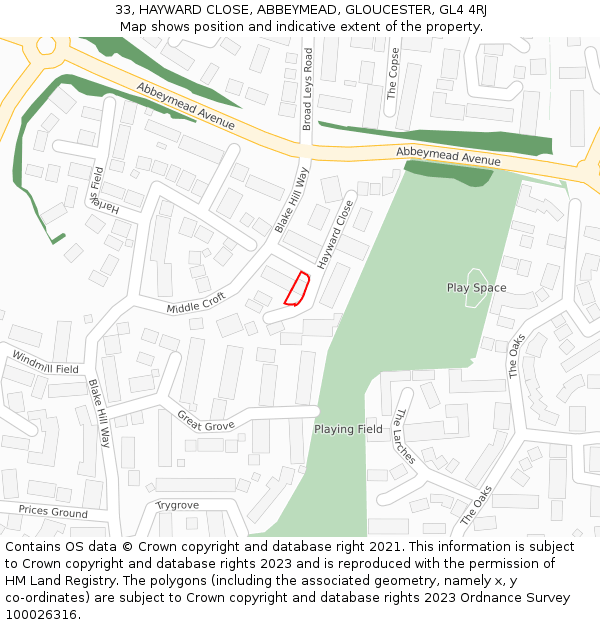 33, HAYWARD CLOSE, ABBEYMEAD, GLOUCESTER, GL4 4RJ: Location map and indicative extent of plot