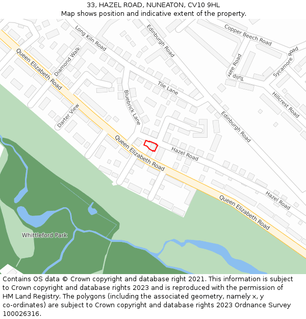 33, HAZEL ROAD, NUNEATON, CV10 9HL: Location map and indicative extent of plot