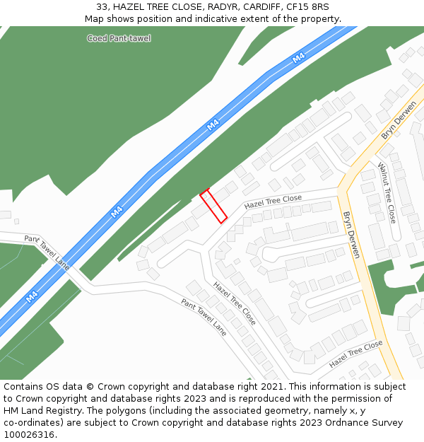 33, HAZEL TREE CLOSE, RADYR, CARDIFF, CF15 8RS: Location map and indicative extent of plot