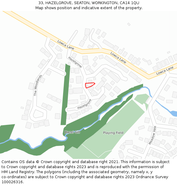 33, HAZELGROVE, SEATON, WORKINGTON, CA14 1QU: Location map and indicative extent of plot