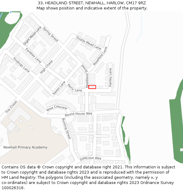 33, HEADLAND STREET, NEWHALL, HARLOW, CM17 9RZ: Location map and indicative extent of plot