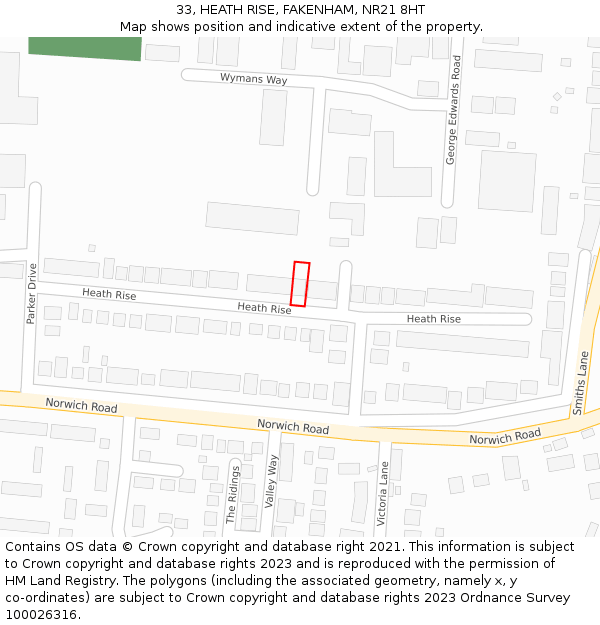 33, HEATH RISE, FAKENHAM, NR21 8HT: Location map and indicative extent of plot