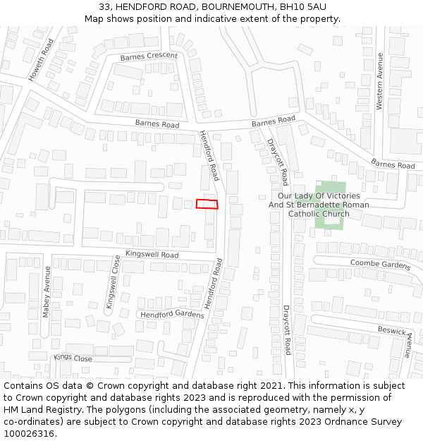 33, HENDFORD ROAD, BOURNEMOUTH, BH10 5AU: Location map and indicative extent of plot