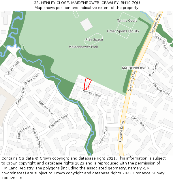 33, HENLEY CLOSE, MAIDENBOWER, CRAWLEY, RH10 7QU: Location map and indicative extent of plot