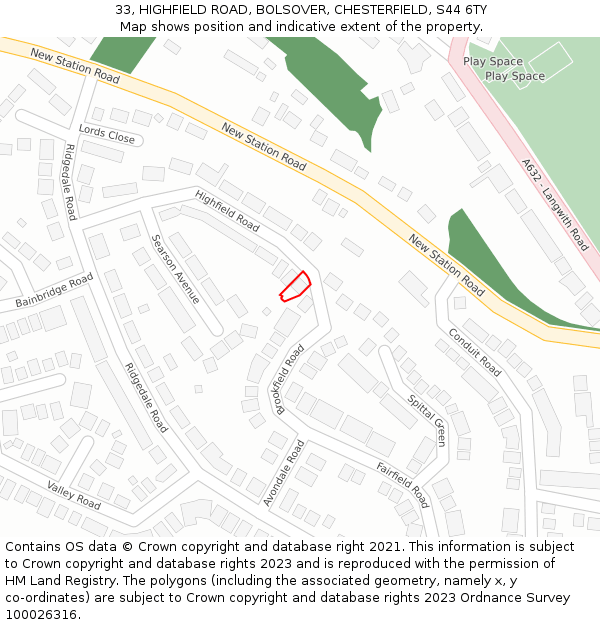33, HIGHFIELD ROAD, BOLSOVER, CHESTERFIELD, S44 6TY: Location map and indicative extent of plot