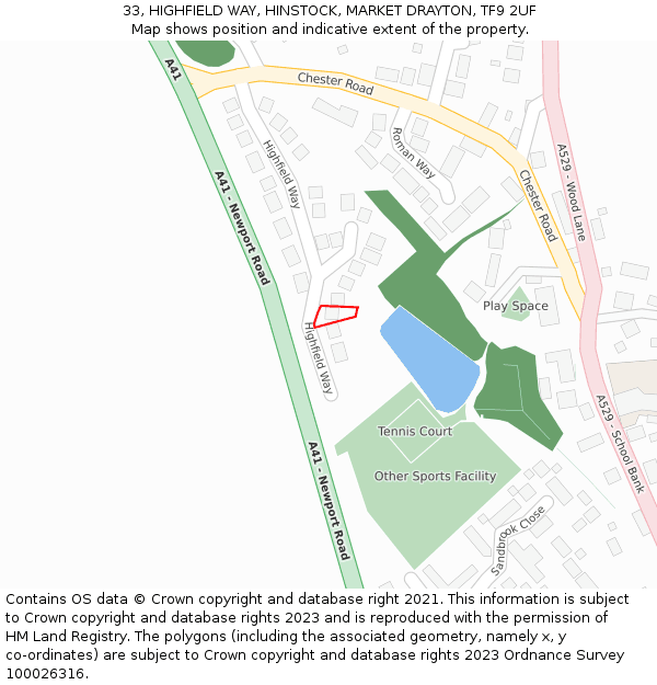 33, HIGHFIELD WAY, HINSTOCK, MARKET DRAYTON, TF9 2UF: Location map and indicative extent of plot