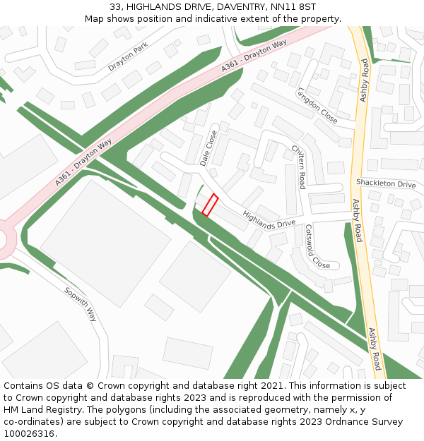 33, HIGHLANDS DRIVE, DAVENTRY, NN11 8ST: Location map and indicative extent of plot