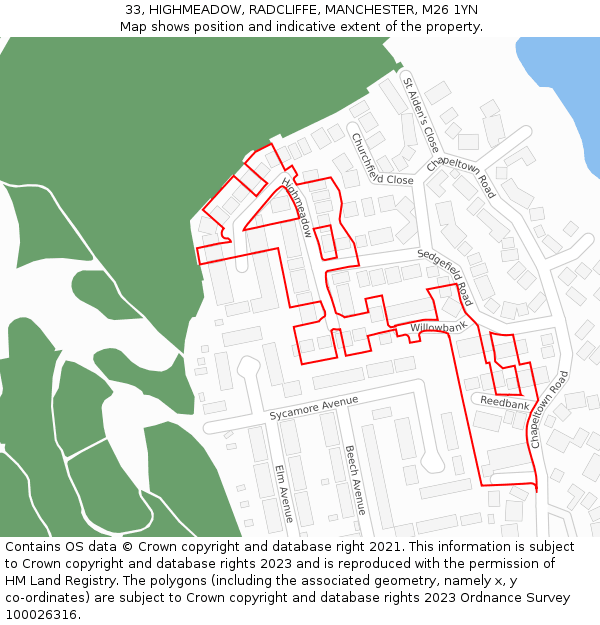 33, HIGHMEADOW, RADCLIFFE, MANCHESTER, M26 1YN: Location map and indicative extent of plot
