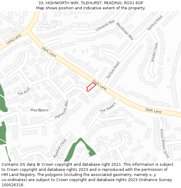 33, HIGHWORTH WAY, TILEHURST, READING, RG31 6GP: Location map and indicative extent of plot