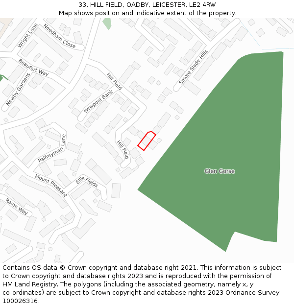 33, HILL FIELD, OADBY, LEICESTER, LE2 4RW: Location map and indicative extent of plot