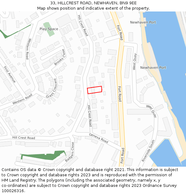 33, HILLCREST ROAD, NEWHAVEN, BN9 9EE: Location map and indicative extent of plot