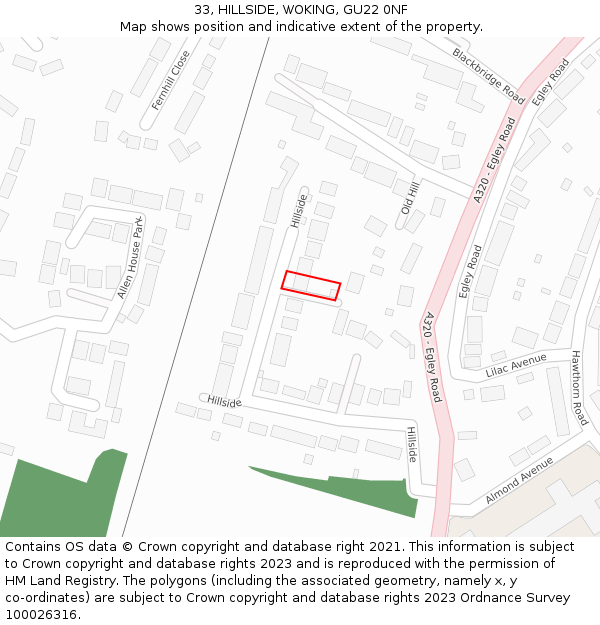 33, HILLSIDE, WOKING, GU22 0NF: Location map and indicative extent of plot