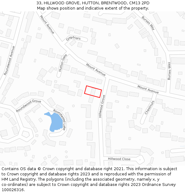 33, HILLWOOD GROVE, HUTTON, BRENTWOOD, CM13 2PD: Location map and indicative extent of plot