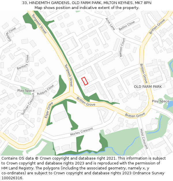 33, HINDEMITH GARDENS, OLD FARM PARK, MILTON KEYNES, MK7 8PN: Location map and indicative extent of plot