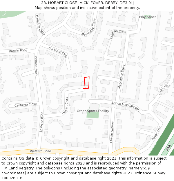 33, HOBART CLOSE, MICKLEOVER, DERBY, DE3 9LJ: Location map and indicative extent of plot