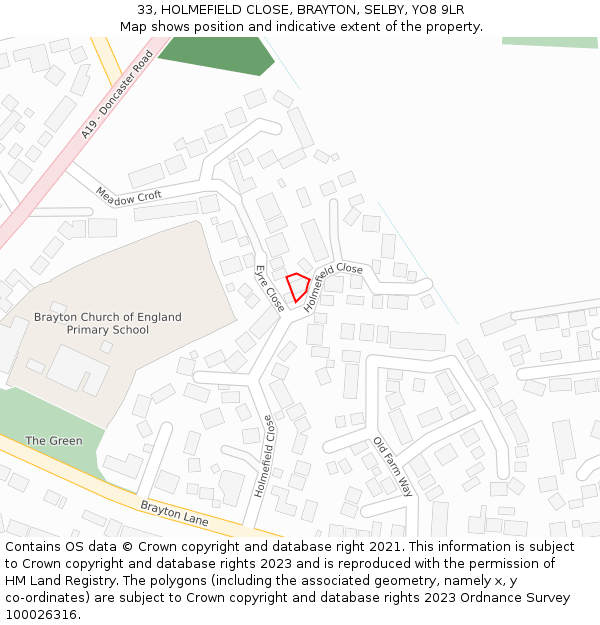 33, HOLMEFIELD CLOSE, BRAYTON, SELBY, YO8 9LR: Location map and indicative extent of plot