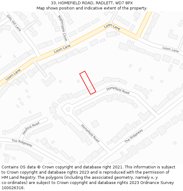 33, HOMEFIELD ROAD, RADLETT, WD7 8PX: Location map and indicative extent of plot