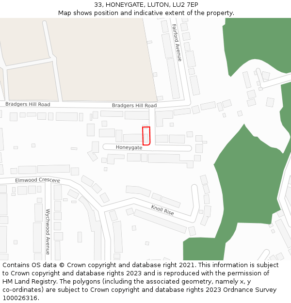 33, HONEYGATE, LUTON, LU2 7EP: Location map and indicative extent of plot