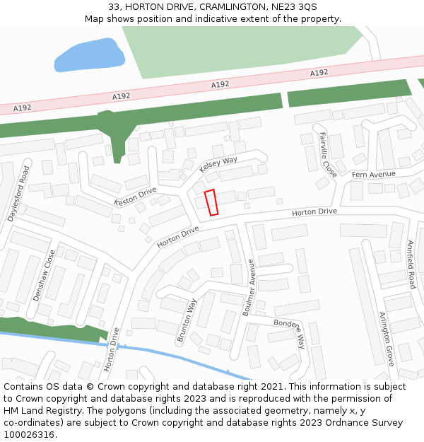 33, HORTON DRIVE, CRAMLINGTON, NE23 3QS: Location map and indicative extent of plot