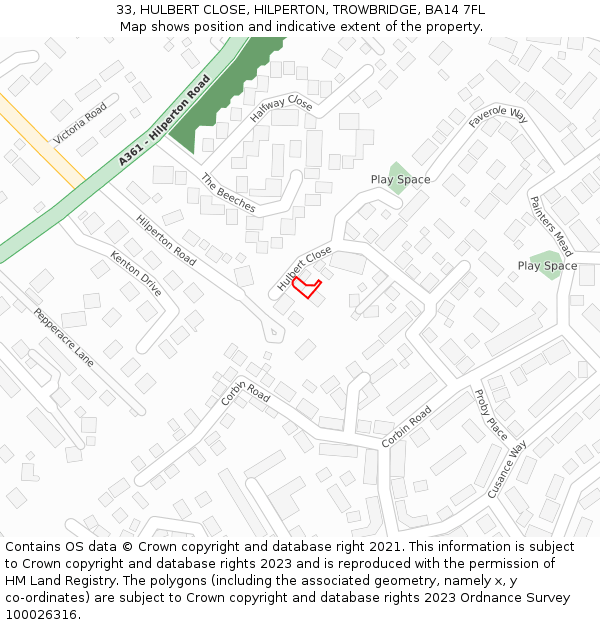 33, HULBERT CLOSE, HILPERTON, TROWBRIDGE, BA14 7FL: Location map and indicative extent of plot